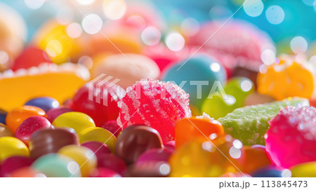 Closeup of the pile of colorful sweet bonbons. Sweet bright background with assorted colorful candies 113845473