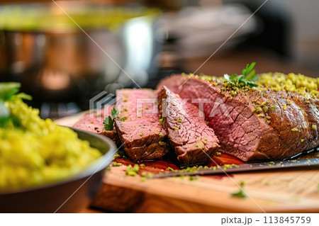 Beef steak served in wood cutting board on kitchen interior background. Grilled steak, medium rare. Slicing eye of round roasted beef with chef knife. Sirloin Tip Roast. Baked meat, salt, pepper, herb 113845759