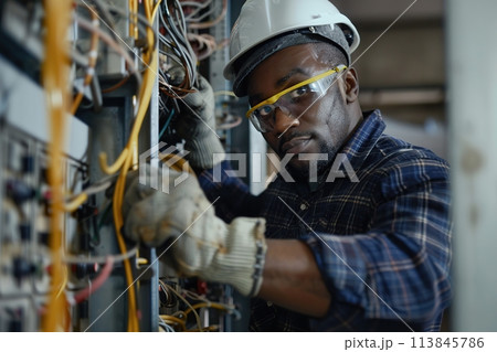 Electrician working on the electrical panel, holding tools in his hands. The worker wearing yellow safety glasses, uniform work, white helmet. In front there are cables, wires, ectrical equipment 113845786
