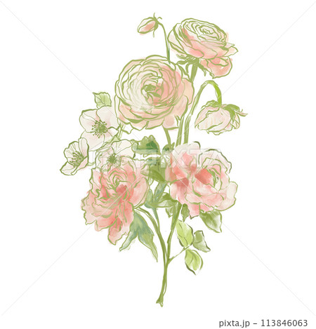 Oil painting abstract bouquet of ranunculus, rose, peony and jasmine. Hand painted floral composition isolated on white background. Holiday Illustration for design, print, fabric or background. 113846063