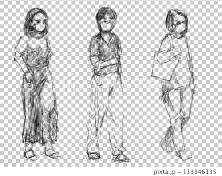 マスクを着けた女性が歩く姿の鉛筆スケッチセットのイラスト素材