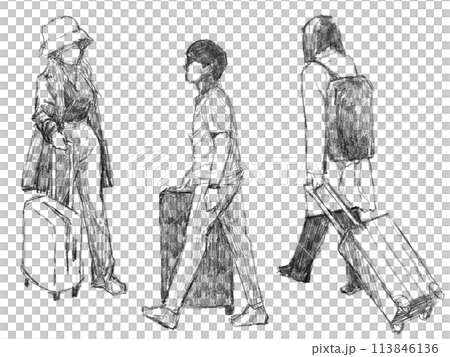 帶著手提包行走的旅行者的鉛筆素描集 113846136
