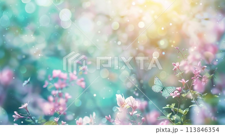 A delicate tableau of spring, where blossoming flowers meet the soft hues of a dreamy backdrop, with a dainty butterfly fluttering amidst petals dusted with magical bokeh sparks 113846354