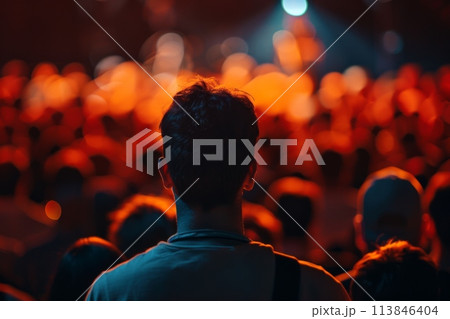 Man standing alone among a crowd at night event Man standing alone among a crowd at night event 113846404