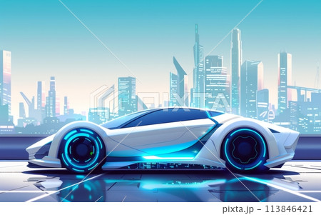 A futuristic white car with blue illuminated wheels stands before a stylized cityscape, reflecting off the glossy surface below A futuristic white car with blue illuminated wheels stands before a stylized cityscape, reflecting off the glossy surface below 113846421