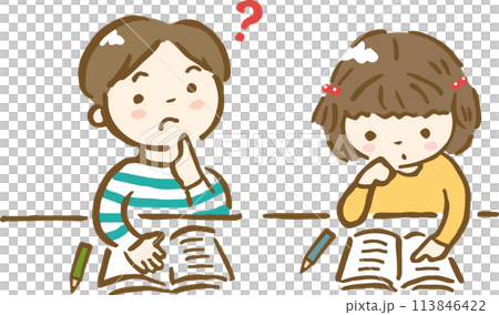 手繪插圖，一個男孩在學習時有疑問，一個女孩在思考 113846422