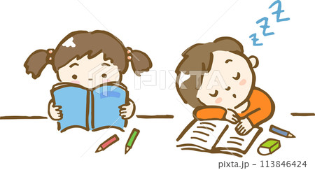 勉強している女の子とうたた寝してしまった男の子の手描きイラスト 勉強している女の子とうたた寝してしまった男の子の手描きイラスト 113846424