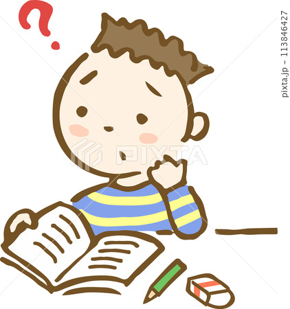 勉強がわからなくて悩んでいる男の子の手描きイラスト 勉強がわからなくて悩んでいる男の子の手描きイラスト 113846427