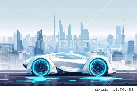 A futuristic white car with blue illuminated wheels stands before a stylized cityscape, reflecting off the glossy surface below 113846491