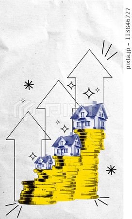 Several houses standing on top of stacks of coins with doodle arrows going up. Contemporary art collage. Investing in property for wealth Several houses standing on top of stacks of coins with doodle arrows going up. Contemporary art collage. Investing in property for wealth 113846727