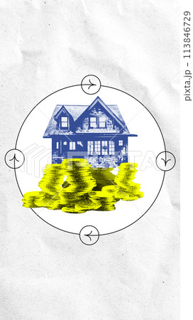 House and stack of coins. Contemporary art collage. Value of home and the investment in property 113846729