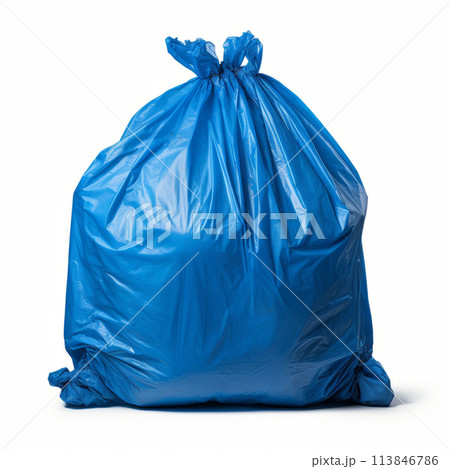 Trash, blue garbage bag full, on white background clipping path 113846786