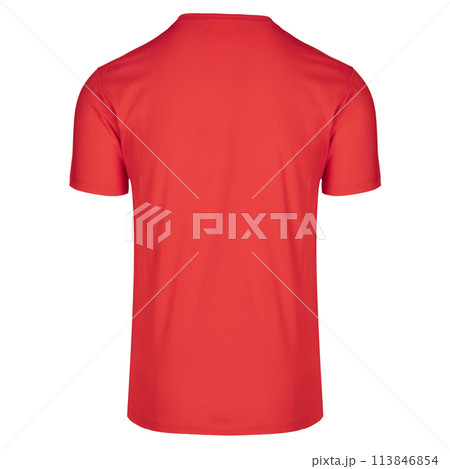 Solid red T-shirt with a round neckline. Rear view Solid red T-shirt with a round neckline. Rear view 113846854