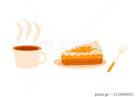 Coffee cup with slice of carrot cake and fork. Sweet bakery piece with hot beverage. Pastry dessert with cream for breakfast. Vector pie and drink illustration isolated on white background. 113846955