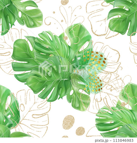 Seamless tropical pattern with monstera leaves. Romantic luxury style. Watercolor drawing. Ideal for textiles, packaging, printing 113846983