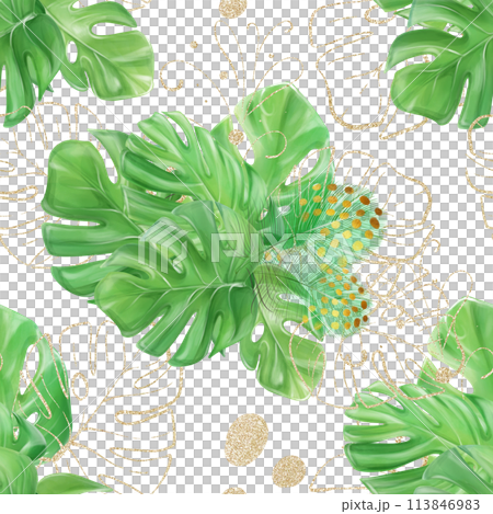 Seamless tropical pattern with monstera leaves. Romantic luxury style. Watercolor drawing. Ideal for textiles, packaging, printing 113846983
