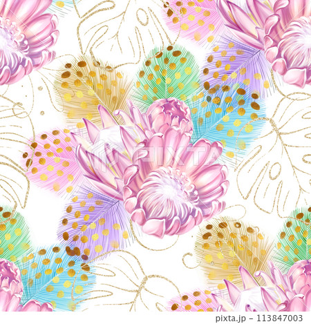 Seamless watercolor pattern with tropical pink protea flowers, colorful feathers and golden monstera leaves. Luxury design. Ideal for textiles, packaging, printing Seamless watercolor pattern with tropical pink protea flowers, colorful feathers and golden monstera leaves. Luxury design. Ideal for textiles, packaging, printing 113847003