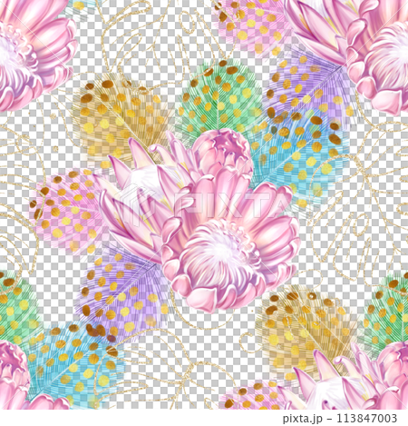 Seamless watercolor pattern with tropical pink protea flowers, colorful feathers and golden monstera leaves. Luxury design. Ideal for textiles, packaging, printing Seamless watercolor pattern with tropical pink protea flowers, colorful feathers and golden monstera leaves. Luxury design. Ideal for textiles, packaging, printing 113847003
