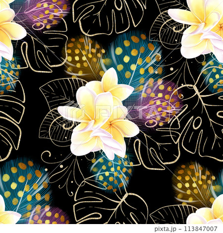 Seamless watercolor pattern with tropical white frangipania flowers, colorful feathers and golden monstera leaves on a black background. Luxury design. Ideal for textiles, packaging, printing Seamless watercolor pattern with tropical white frangipania flowers, colorful feathers and golden monstera leaves on a black background. Luxury design. Ideal for textiles, packaging, printing 113847007