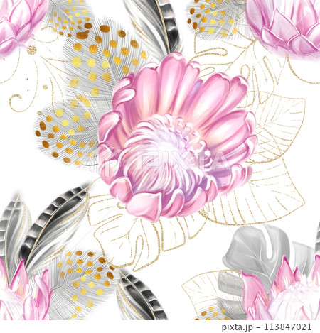 Seamless pattern of pink protea, gold leaves, feathers  113847021