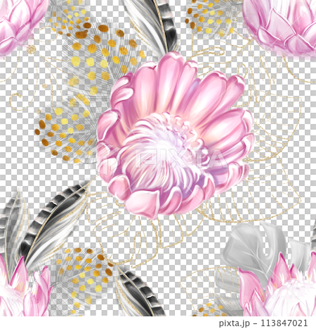 Seamless pattern of pink protea, gold leaves, feathers  113847021