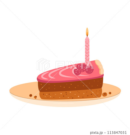 Birthday cherry cake slice. Sweet holiday bakery piece. Pastry dessert with cream and candles for breakfast. Vector pie hand drawn illustration isolated on white background. Birthday cherry cake slice. Sweet holiday bakery piece. Pastry dessert with cream and candles for breakfast. Vector pie hand drawn illustration isolated on white background. 113847031