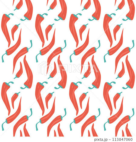 Chili pepper seamless pattern. jalapeno loop backdrop Mexican food symbol repeat background. Hot vegetable endless cover. Vector illustration. 113847060