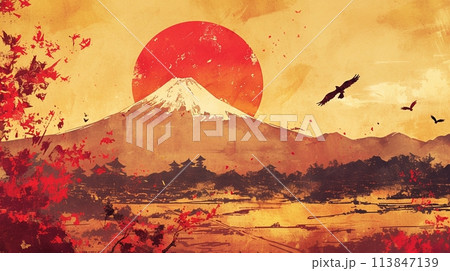Mount Fuji and the Japanese flag ukiyo-e 7 - Stock