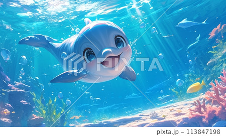 海で泳ぐ可愛いイルカ13のイラスト素材 [113847198] - PIXTA