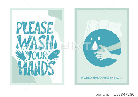 World hand hygiene day templates set. Please wash your hands lettering poster awareness background. Vector illustration. World hand hygiene day templates set. Please wash your hands lettering poster awareness background. Vector illustration. 113847280