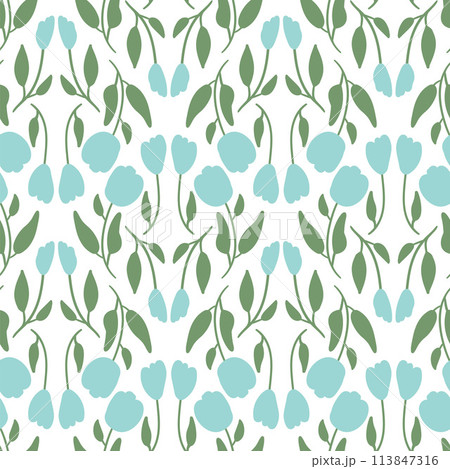 Flowers simple seamless pattern. Blue wildflowers endless background. Summer meadow repeat cover. Botanic loop ornament. Vector hand drawn illustration. 113847316