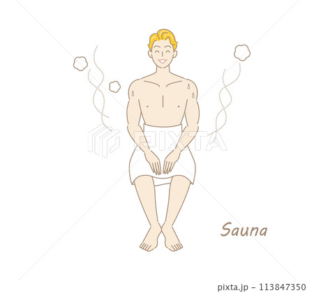 サウナから水風呂の後、休憩スペースへ移動し、外気に当たりながら体を冷ましている爽やかな男性 ととのう 113847350