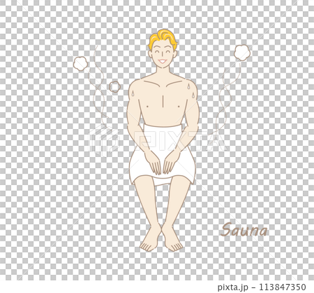 サウナから水風呂の後、休憩スペースへ移動し、外気に当たりながら体を冷ましている爽やかな男性 ととのう 113847350