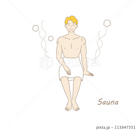 サウナから水風呂の後、休憩スペースへ移動し、外気に当たりながら体を冷ましている爽やかな男性 ととのう 113847351