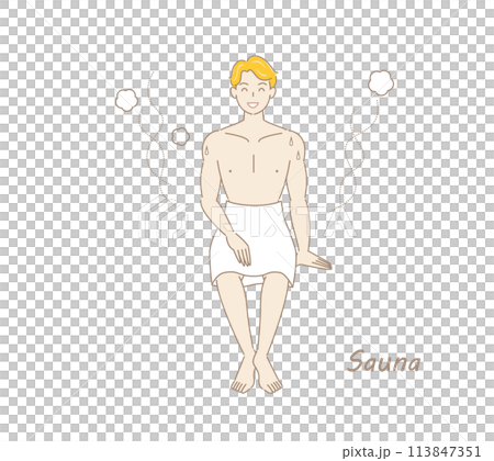 サウナから水風呂の後、休憩スペースへ移動し、外気に当たりながら体を冷ましている爽やかな男性 ととのう 113847351