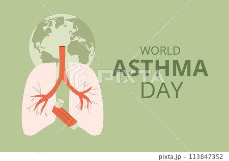 World asthma day template. Annual health awareness background. Inhaler with lungs emblem. Vector illustration. 113847352