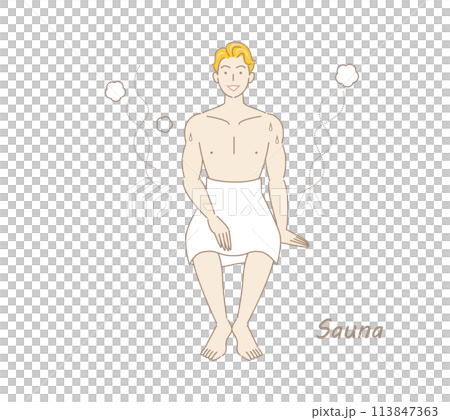 A refreshing man who moves from the sauna to the cold bath and then to the rest area to cool down in the fresh air. 113847363