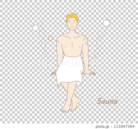 A refreshing man who moves from the sauna to the cold bath and then to the rest area to cool down in the fresh air. 113847364