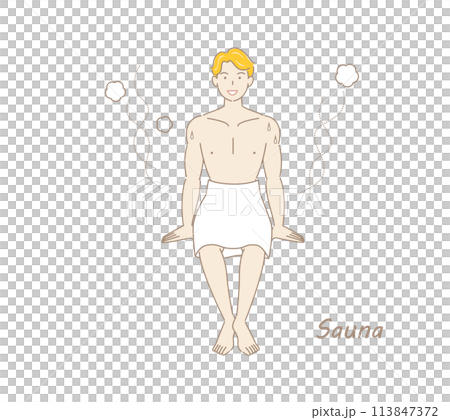 從桑拿房洗完冷水澡後，精神煥發的男人走到休息區，在新鮮的空氣中給身體降溫。 113847372