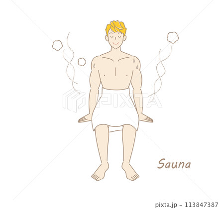 サウナから水風呂の後、休憩スペースへ移動し、外気に当たりながら体を冷ましている爽やかな男性 ととのう 113847387