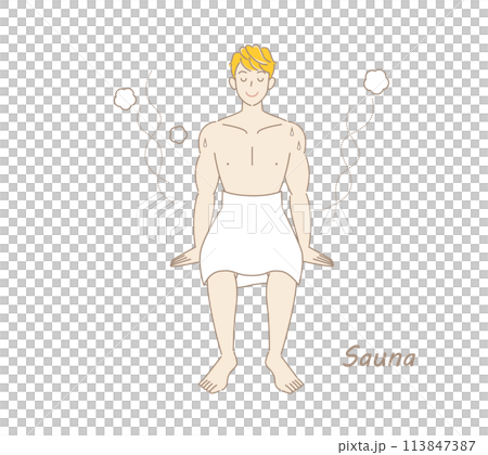 サウナから水風呂の後、休憩スペースへ移動し、外気に当たりながら体を冷ましている爽やかな男性 ととのう 113847387