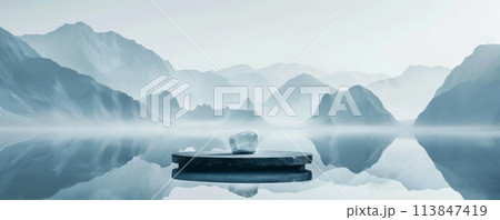 Serene mountain landscape with misty reflections and zen rocks 113847419
