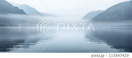 Misty morning over a serene lake surrounded by...のイラスト素材 [113847429 ...