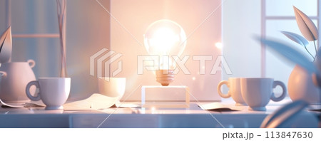 Glowing light bulb over office desk at sunrise, symbolizing creative inspiration and innovation Glowing light bulb over office desk at sunrise, symbolizing creative inspiration and innovation 113847630