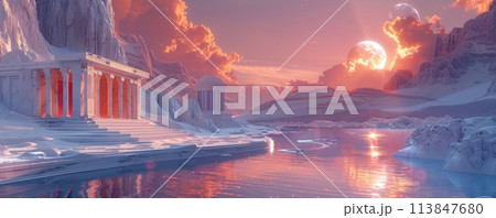 Stunning infrared landscape with ancient Greek architecture and celestial bodies Stunning infrared landscape with ancient Greek architecture and celestial bodies 113847680