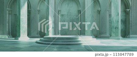 Elegant green and gray minimalist stage with classical architecture 113847789