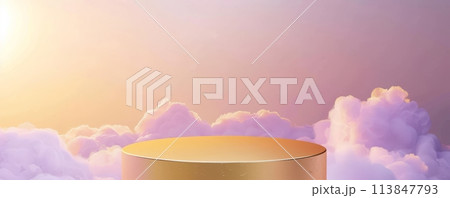 Golden yellow podium surrounded by fluffy clouds in a serene pastel sky, ideal for product presentations Golden yellow podium surrounded by fluffy clouds in a serene pastel sky, ideal for product presentations 113847793