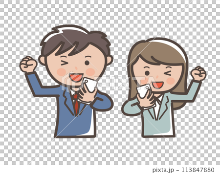 Upper body illustration of male and female businessmen doing fist pumps while looking at smartphones 113847880