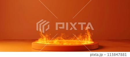 Fiery orange podium with dynamic flames, ideal for product showcase in design and art 113847881
