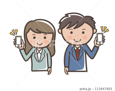 スマホ画面を見せる男女ビジネスマンの上半身イラスト 113847883